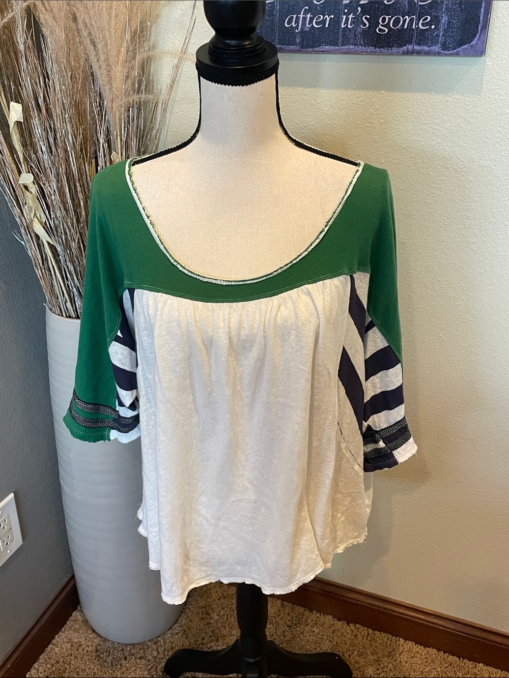 Free People We the Free Friday Fever Relaxed Top Green & Navy Raglan Boho Size S